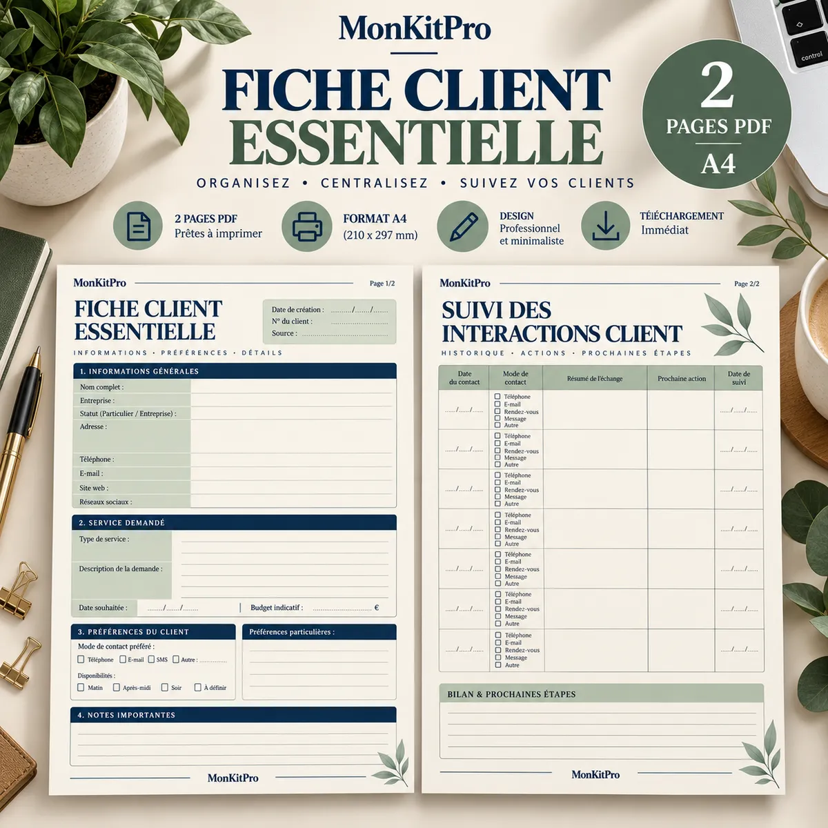 Fiche Client Essentielle MonKitPro : aperçu des 2 pages PDF A4, fiche client et suivi des interactions