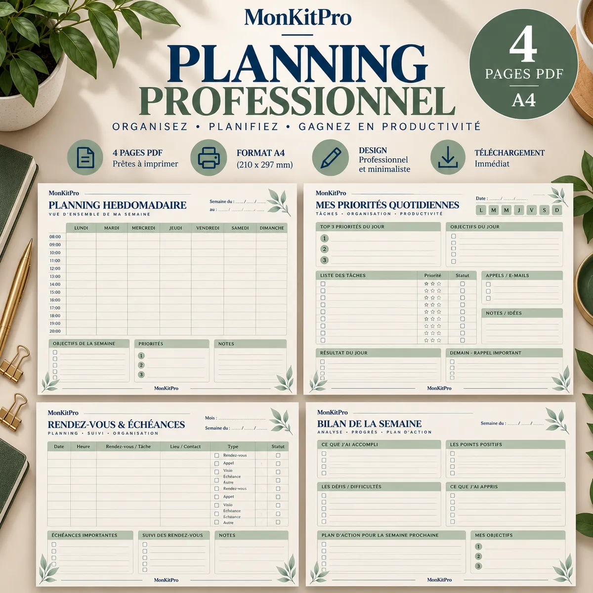 Planning Professionnel MonKitPro : aperçu des 4 pages PDF A4, planning hebdomadaire, priorités, rendez-vous et bilan