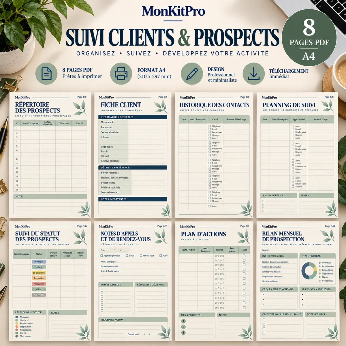 Suivi Clients & Prospects MonKitPro : aperçu des 8 pages PDF A4, répertoire, historique, statuts et bilan de prospection