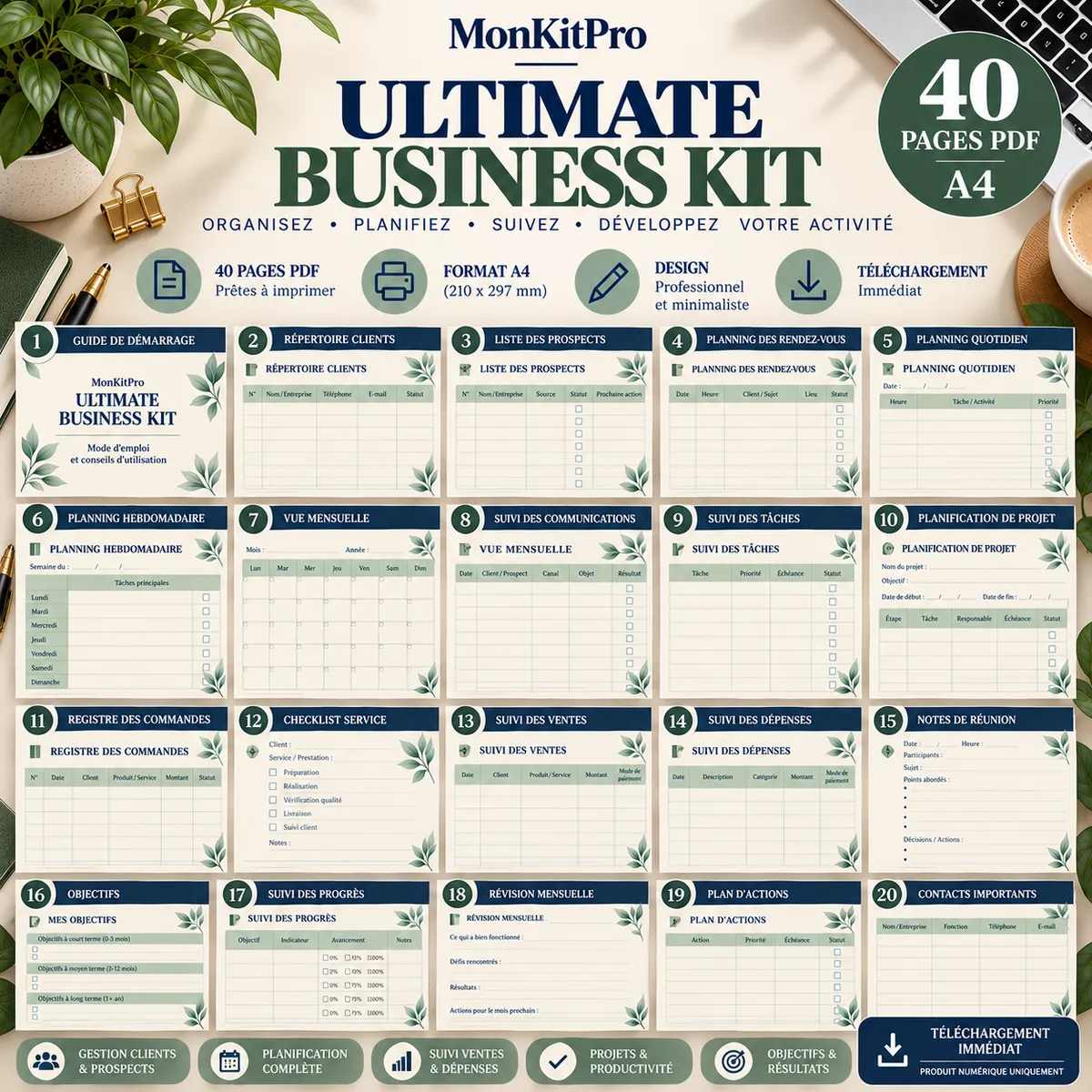 Ultimate Business Kit MonKitPro : aperçu des pages PDF A4 du kit de 40 pages pour organiser et développer son activité